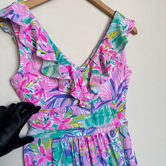 Lilly Pulitzer Womens Asymmetrical Dress Xs Pink Ruffles Casual Resort Vacation - Picture 5 of 11